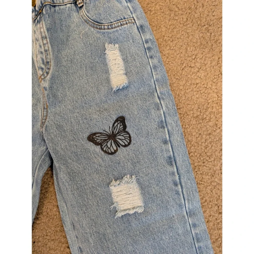 Shein Girls Butterfly Embroidered Distressed Wide Leg Jeans Size 11Y